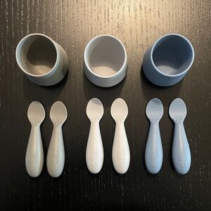 Set of Blue and Gray Baby EZPZ Cups and Spoons